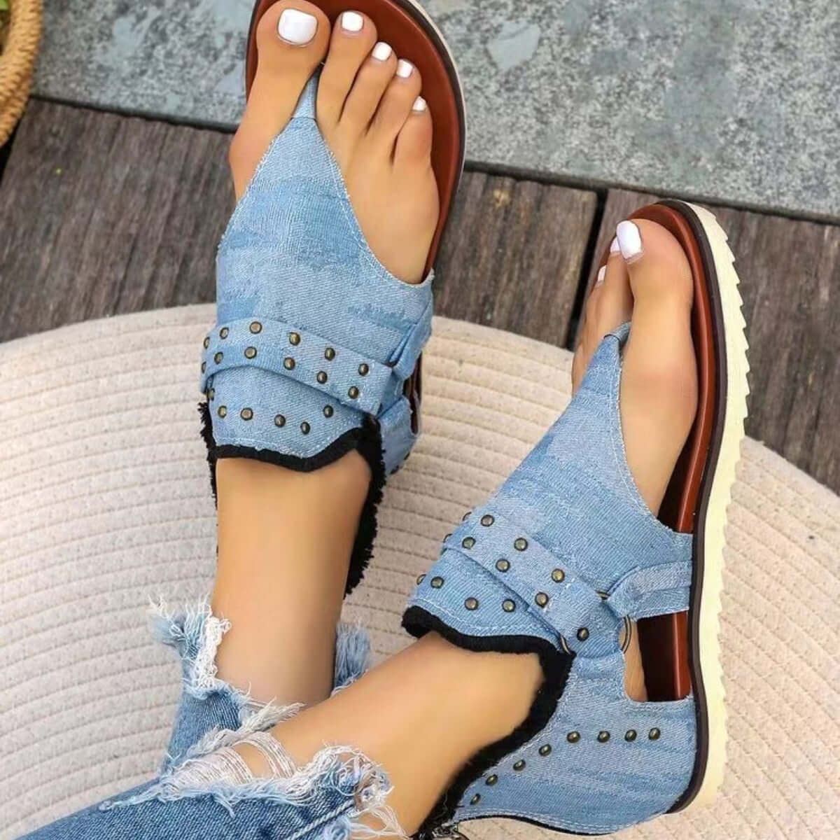 Studded Raw Hem Flat Sandals Light