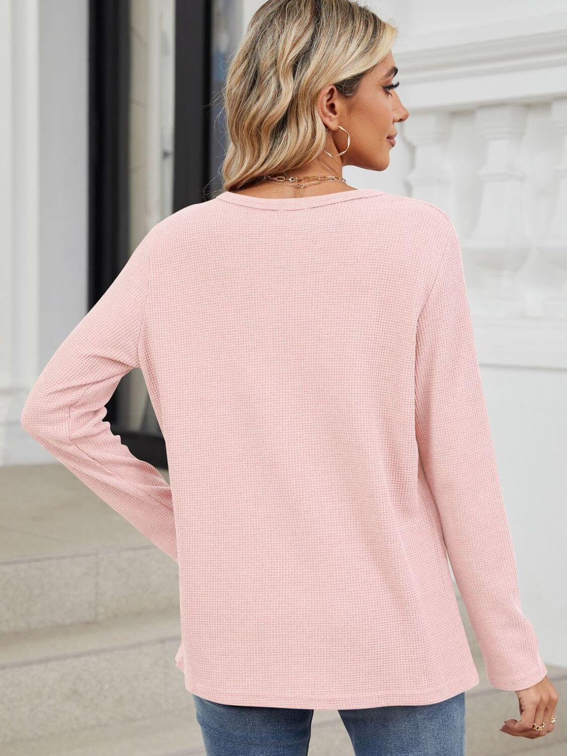 Waffle-Knit Notched Long Sleeve T-Shirt