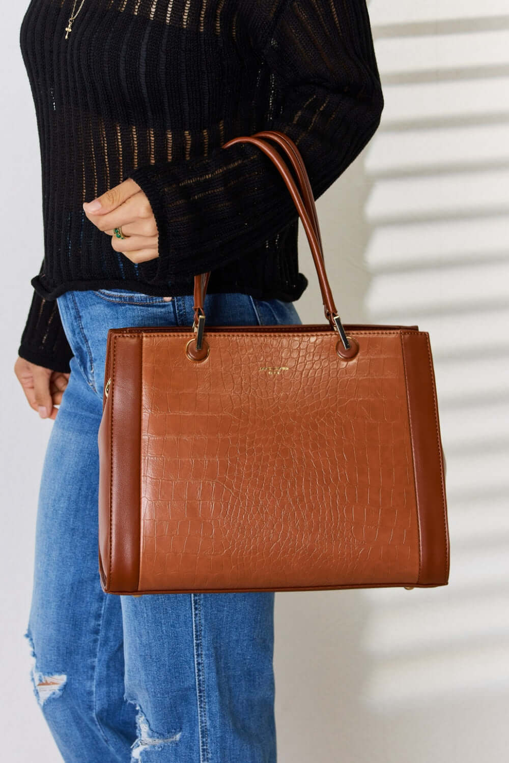 Textured PU Leather Handbag - Stylish &amp; Durable Choice COGNAC One Size