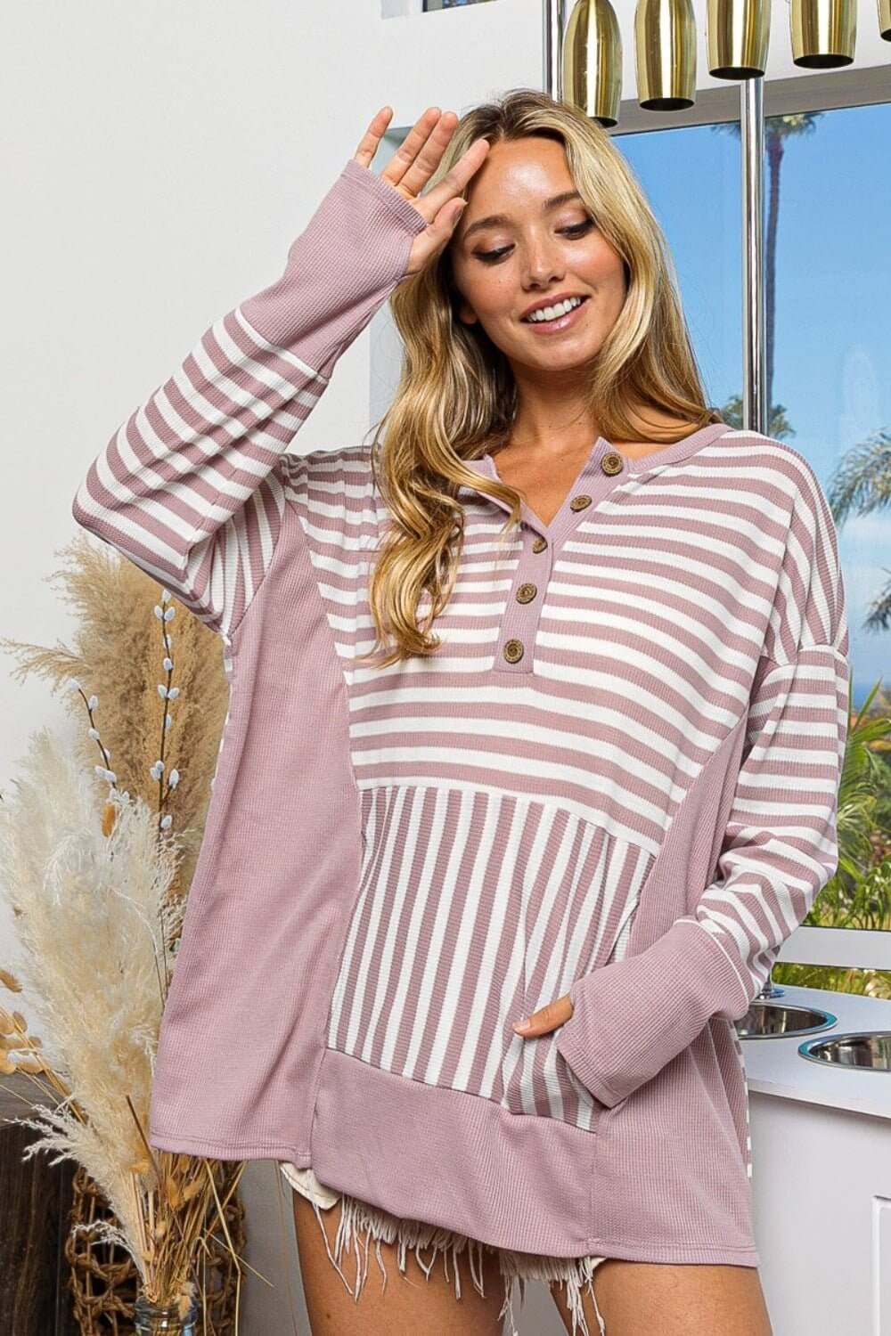 Trendy Tops: Bibi Striped Thumbhole Long Sleeve Top