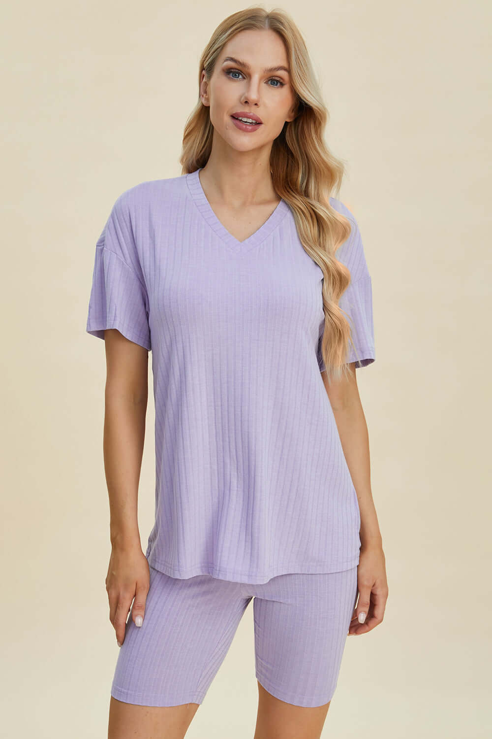 Stylish Ribbed V-Neck Top & Shorts Set for Everyday Wear Lavender