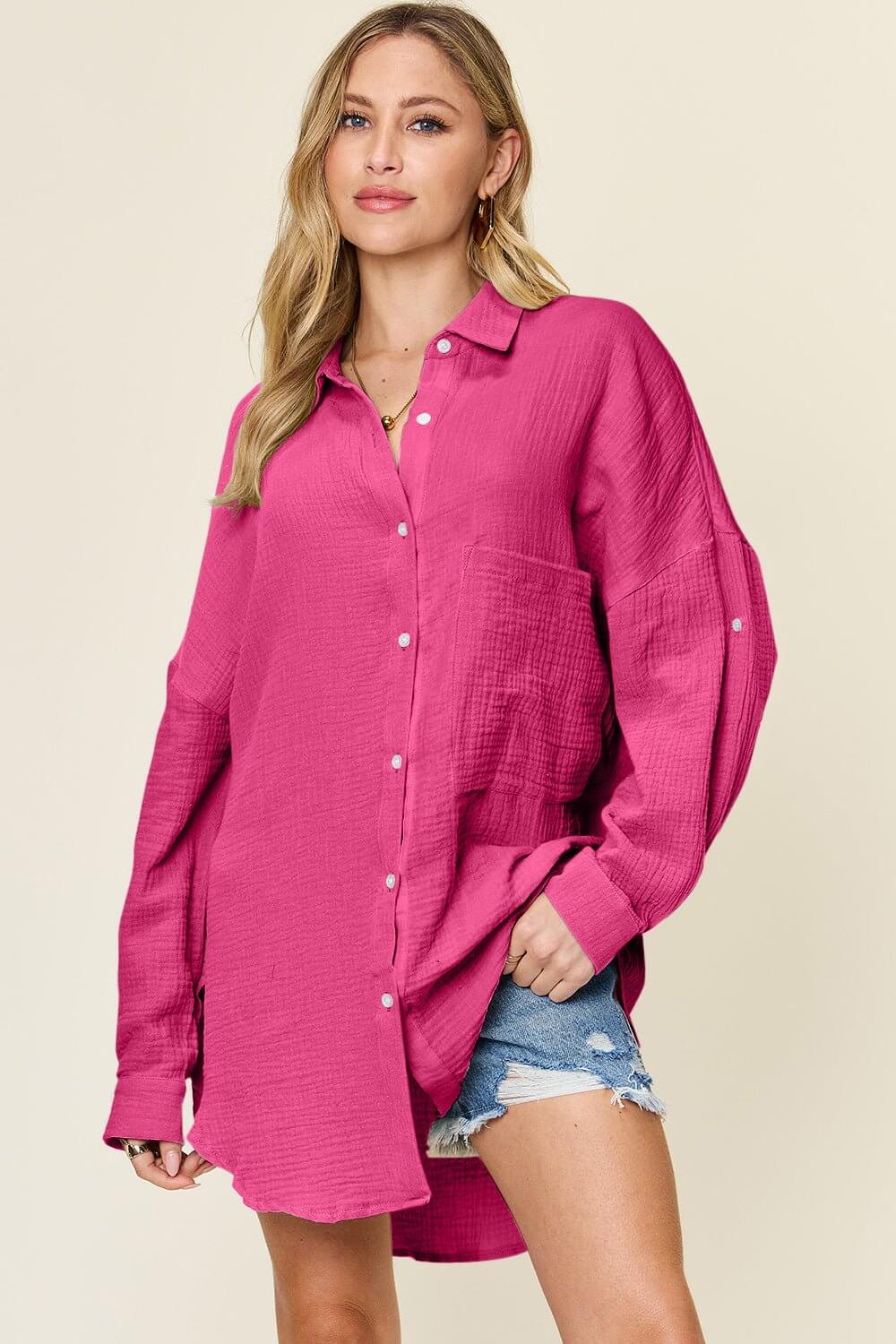 Double Take Full Size Pocketed Texture Button Up Shirt Hot Pink