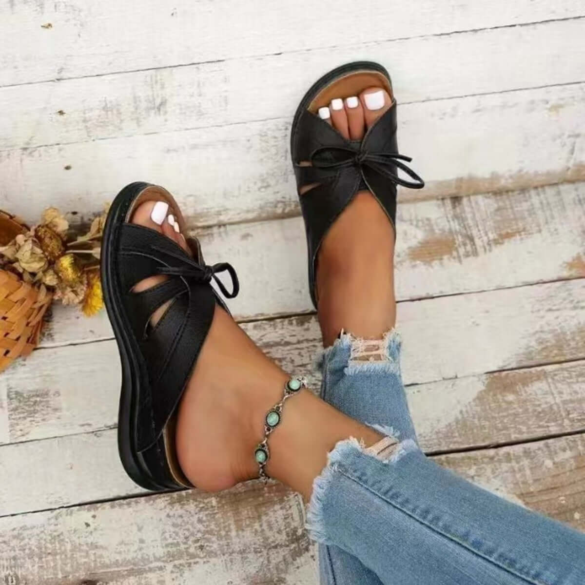 Tied Open Toe Low Heel Sandals Black