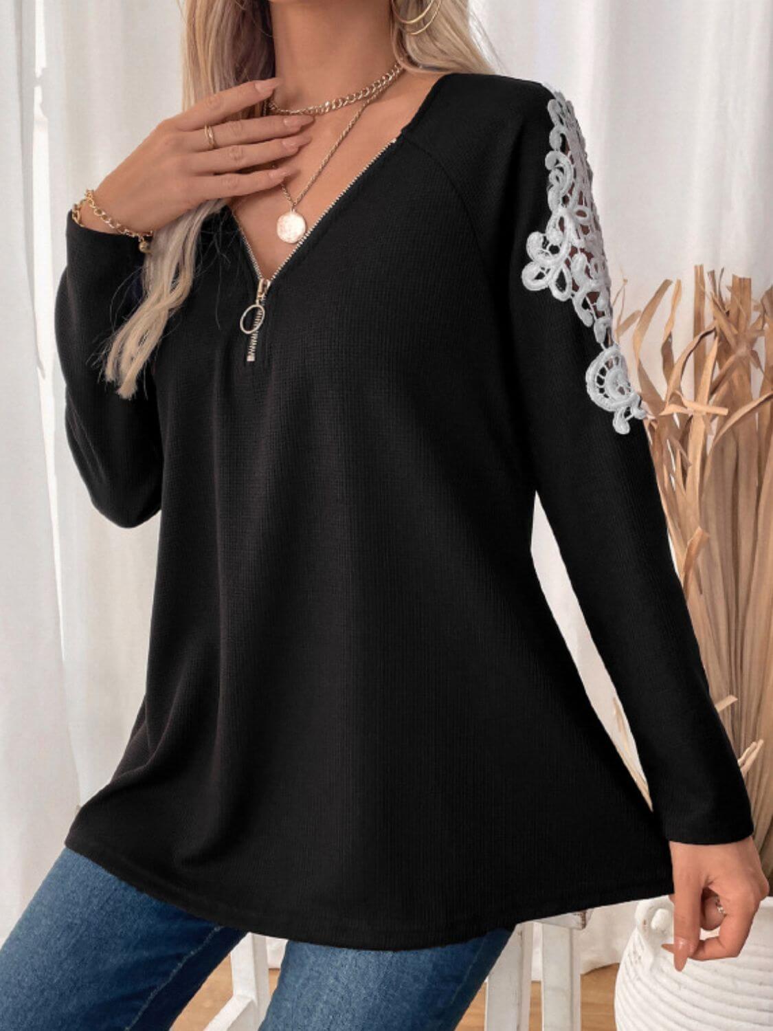 Perfee Lace Detail Quarter Zip Long Sleeve Top