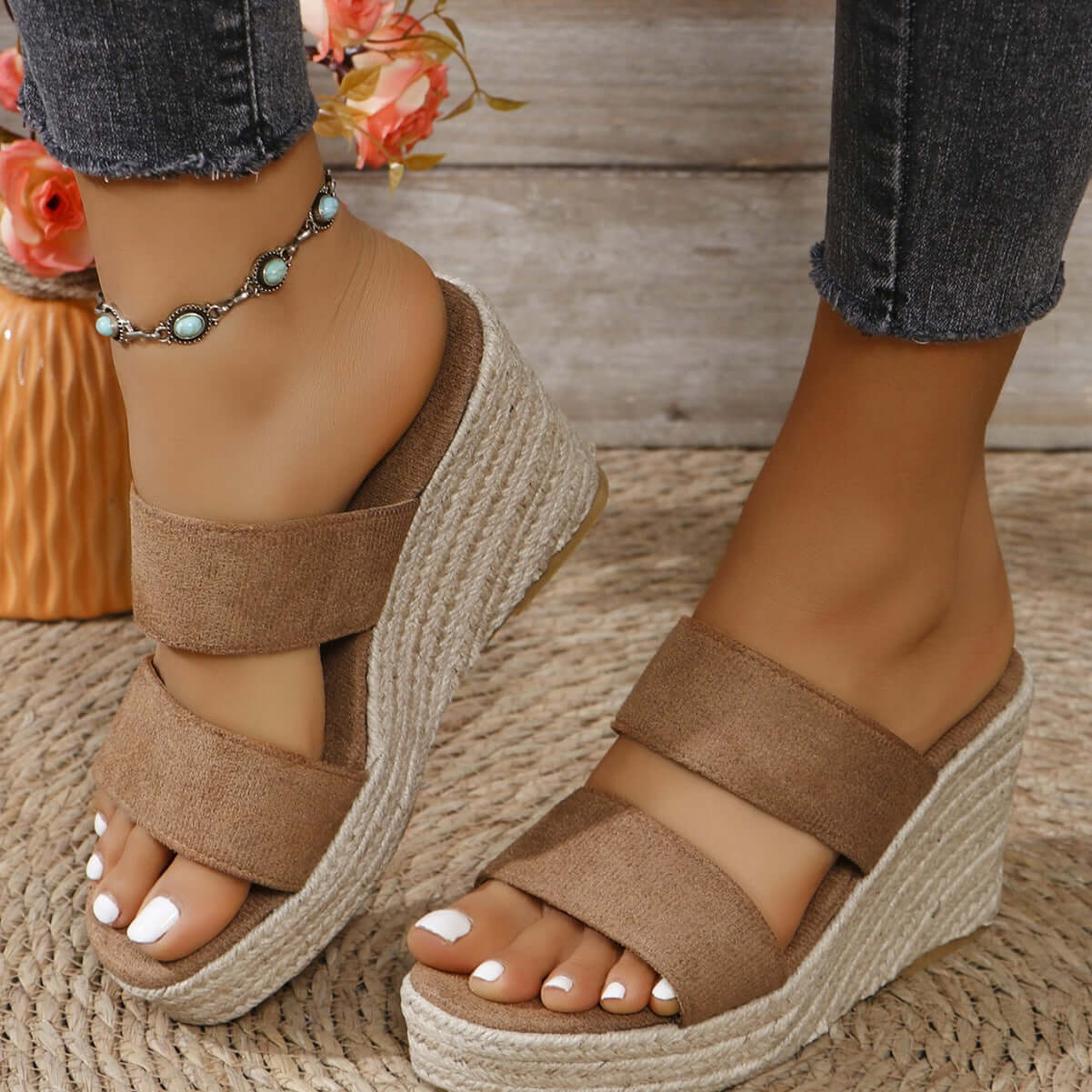 Open Toe Platform Wedge Sandals Camel