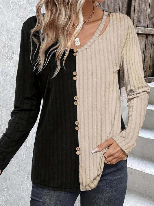 Decorative Button Contrast Round Neck Long Sleeve Tee Black