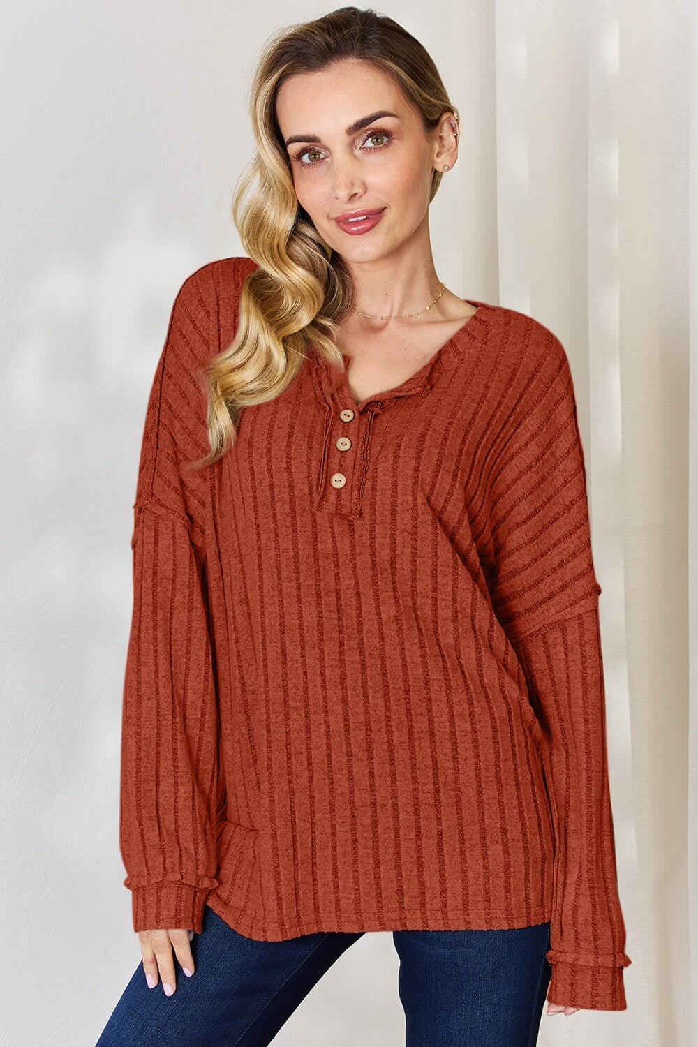 Basic Bae Ribbed Half Button Long Sleeve T for Style Rust