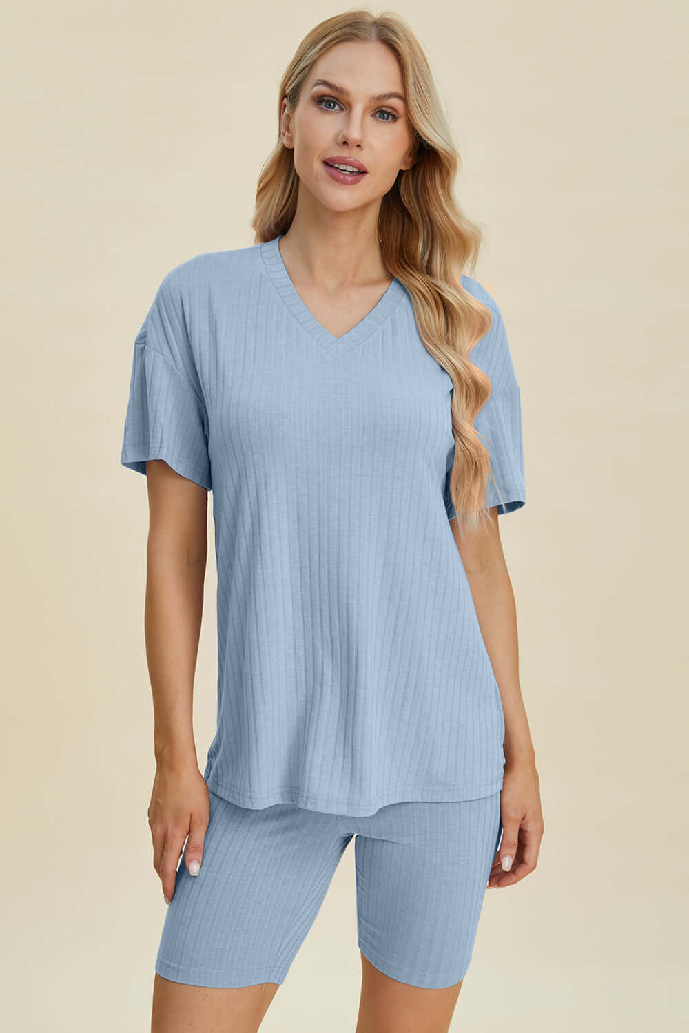 Stylish Ribbed V-Neck Top & Shorts Set for Everyday Wear Light Blue