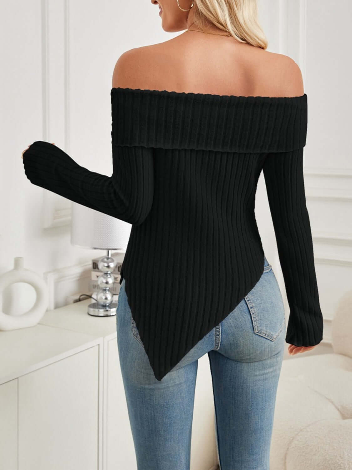 Ribbed Asymmetrical Hem Off-Shoulder Long Sleeve Tee