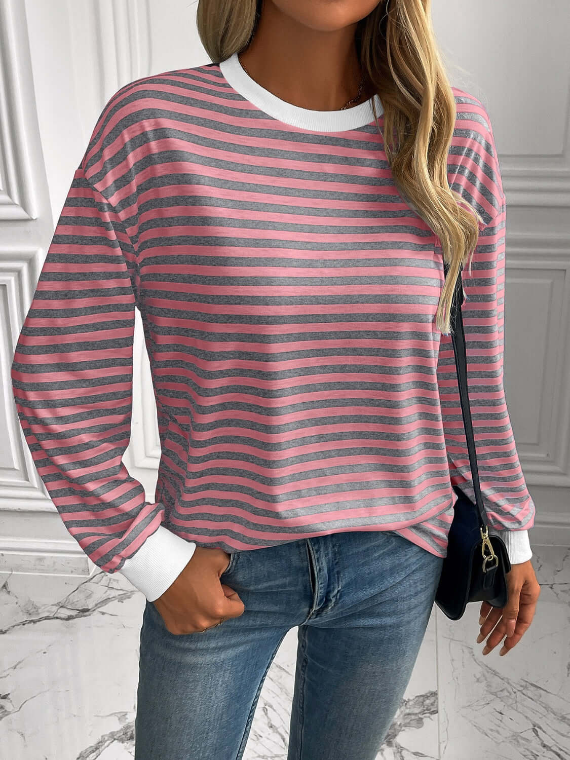 Ivy Lane Striped Round Neck Long Sleeve Sweatshirt Dusty Pink