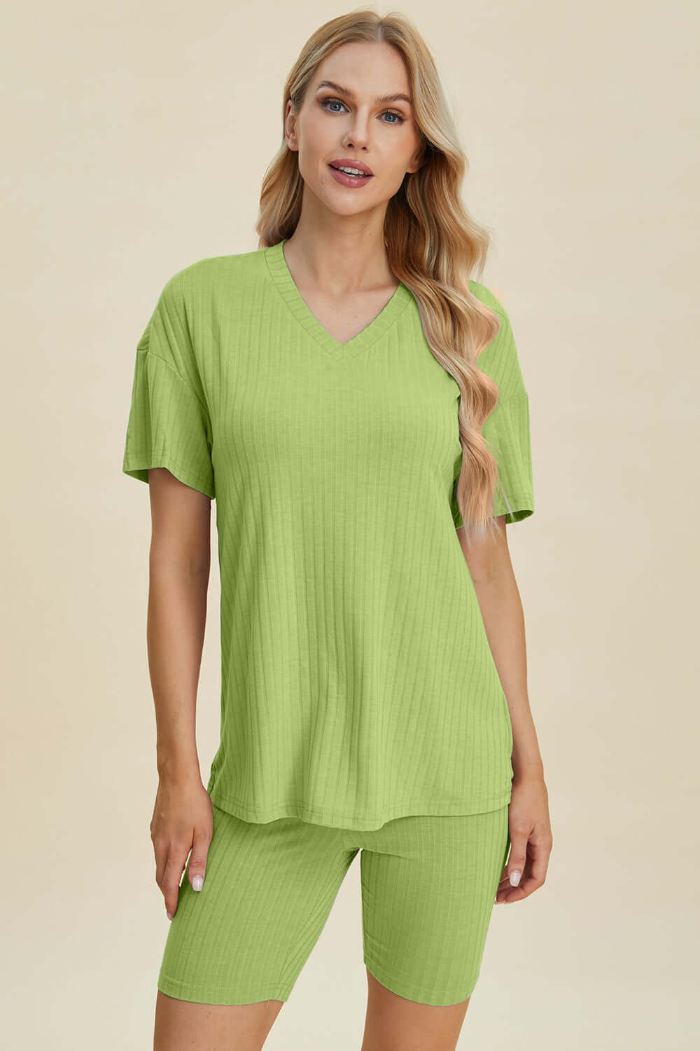 Stylish Ribbed V-Neck Top & Shorts Set for Everyday Wear Yellow-Green