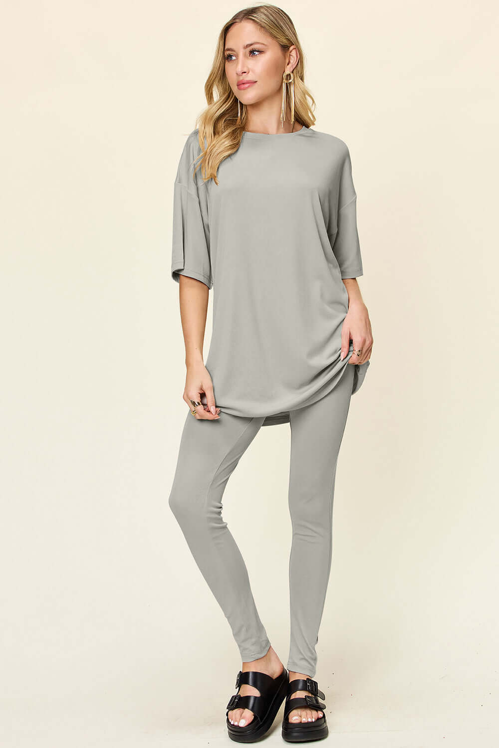 Full Size T-Shirt Leggings Set - Stylish Comfort Wear Light Gray