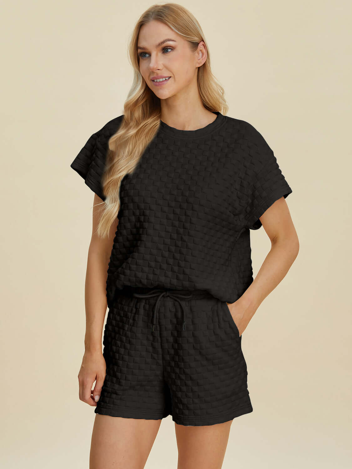 Double Take Full Size Texture T-Shirt and Shorts Set Black