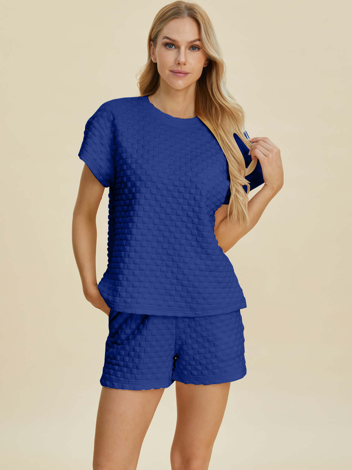 Double Take Full Size Texture T-Shirt and Shorts Set Royal Blue