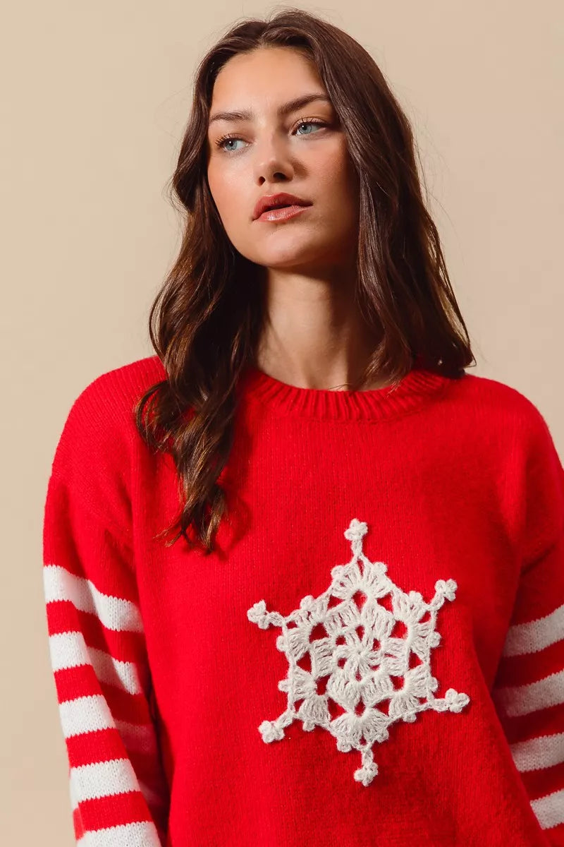 SO ME Christmas Snowflake Crochet Embellished Sweater
