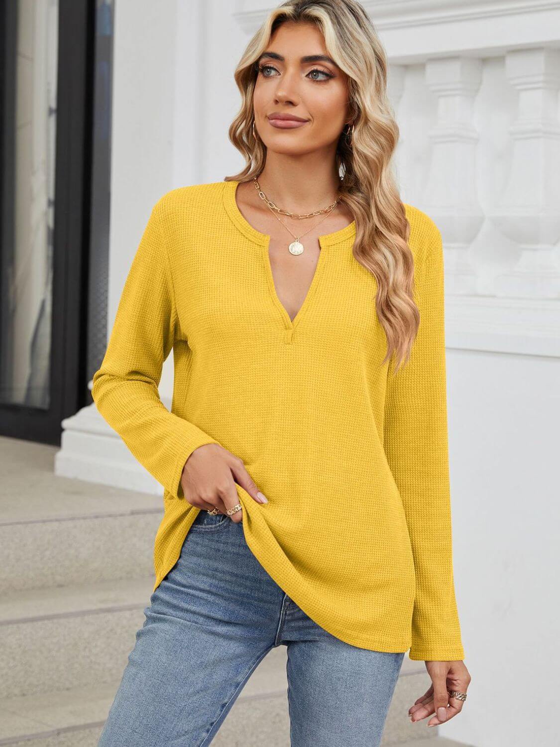 Waffle-Knit Notched Long Sleeve T-Shirt Yellow