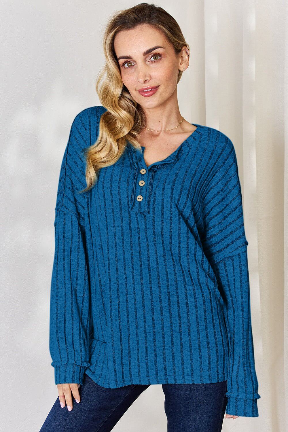 Basic Bae Ribbed Half Button Long Sleeve T for Style Sky Blue