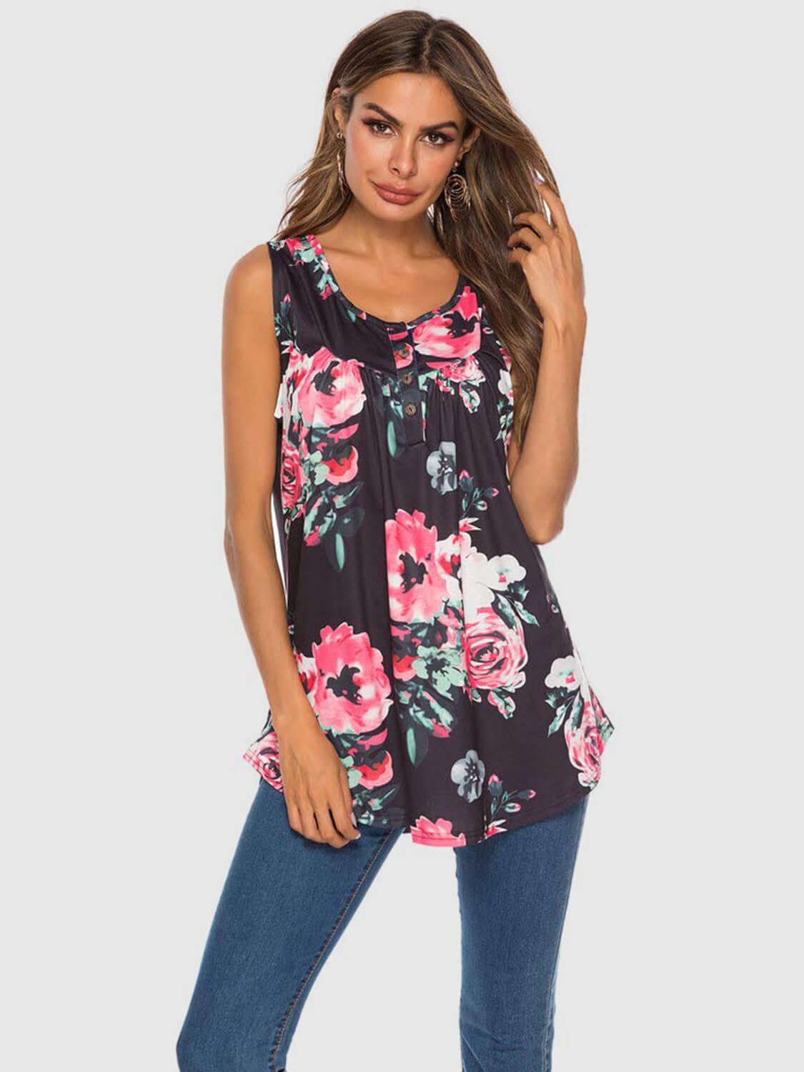 Flower Printed Round Neck Tank Black