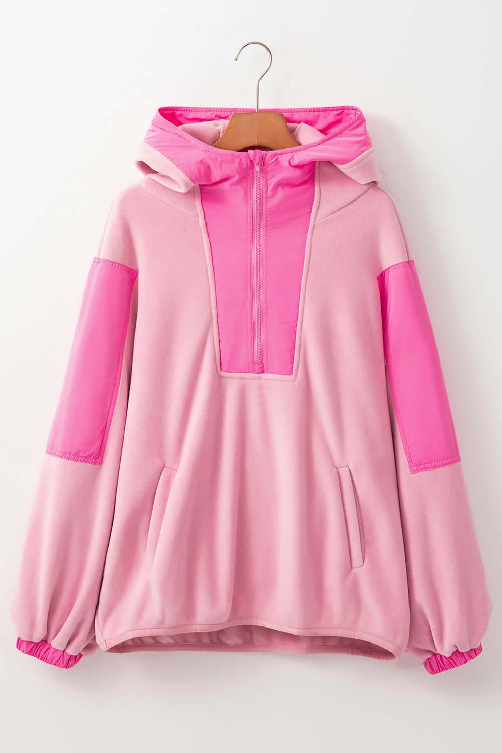 Color Block Half Zip Long Sleeve Hoodie Dusty Pink