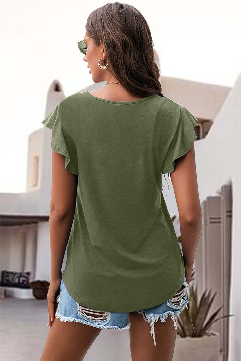 Ruffled Round Neck Cap Sleeve Blouse Matcha Green