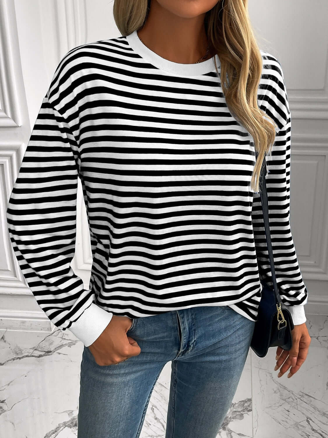 Ivy Lane Striped Round Neck Long Sleeve Sweatshirt Black