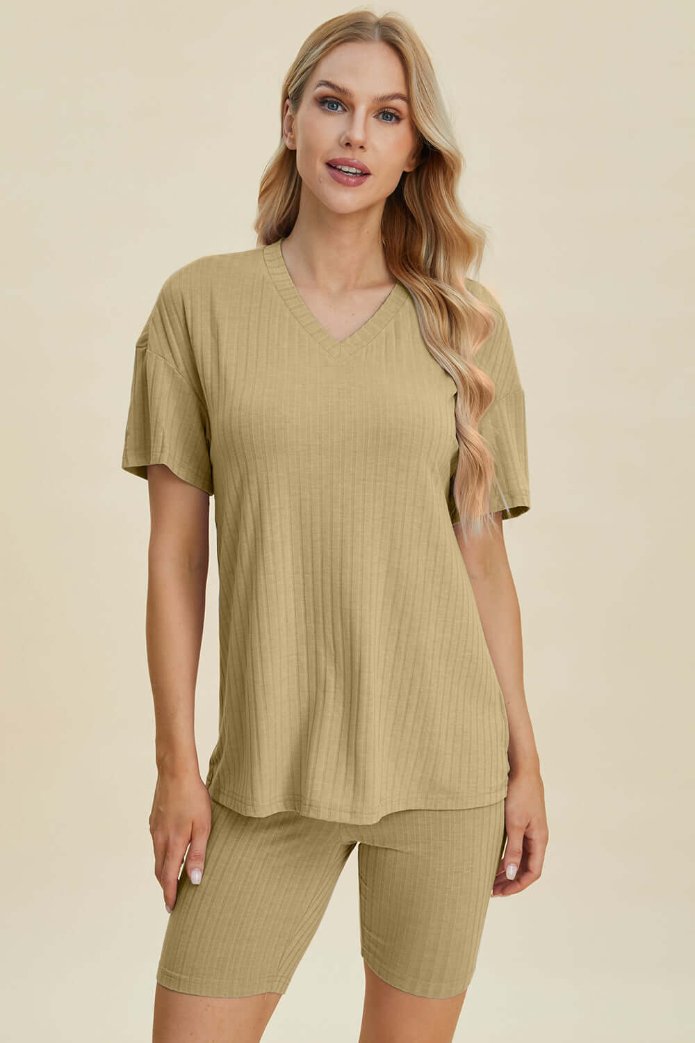 Stylish Ribbed V-Neck Top & Shorts Set for Everyday Wear Chartreuse