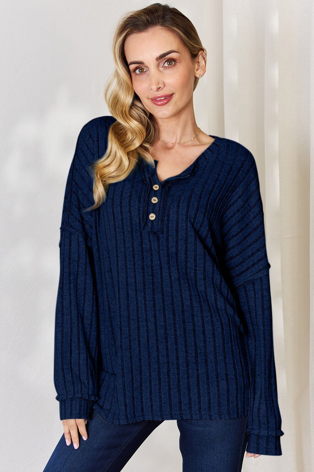 Basic Bae Ribbed Half Button Long Sleeve T for Style Dark Blue