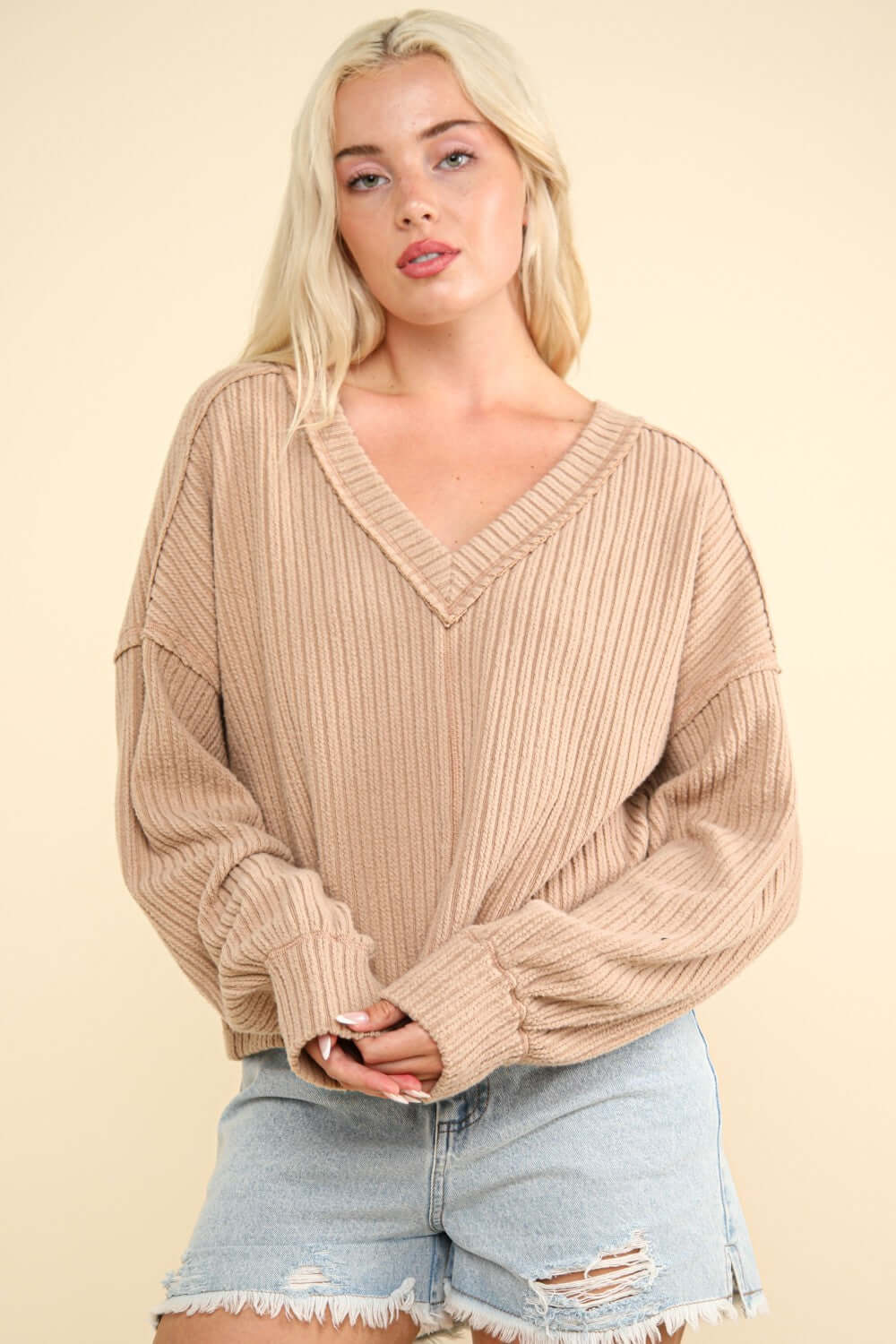 Shop Very J Exposed Seam V-Neck Ribbed Knit Top at Ferris Deals Mocha