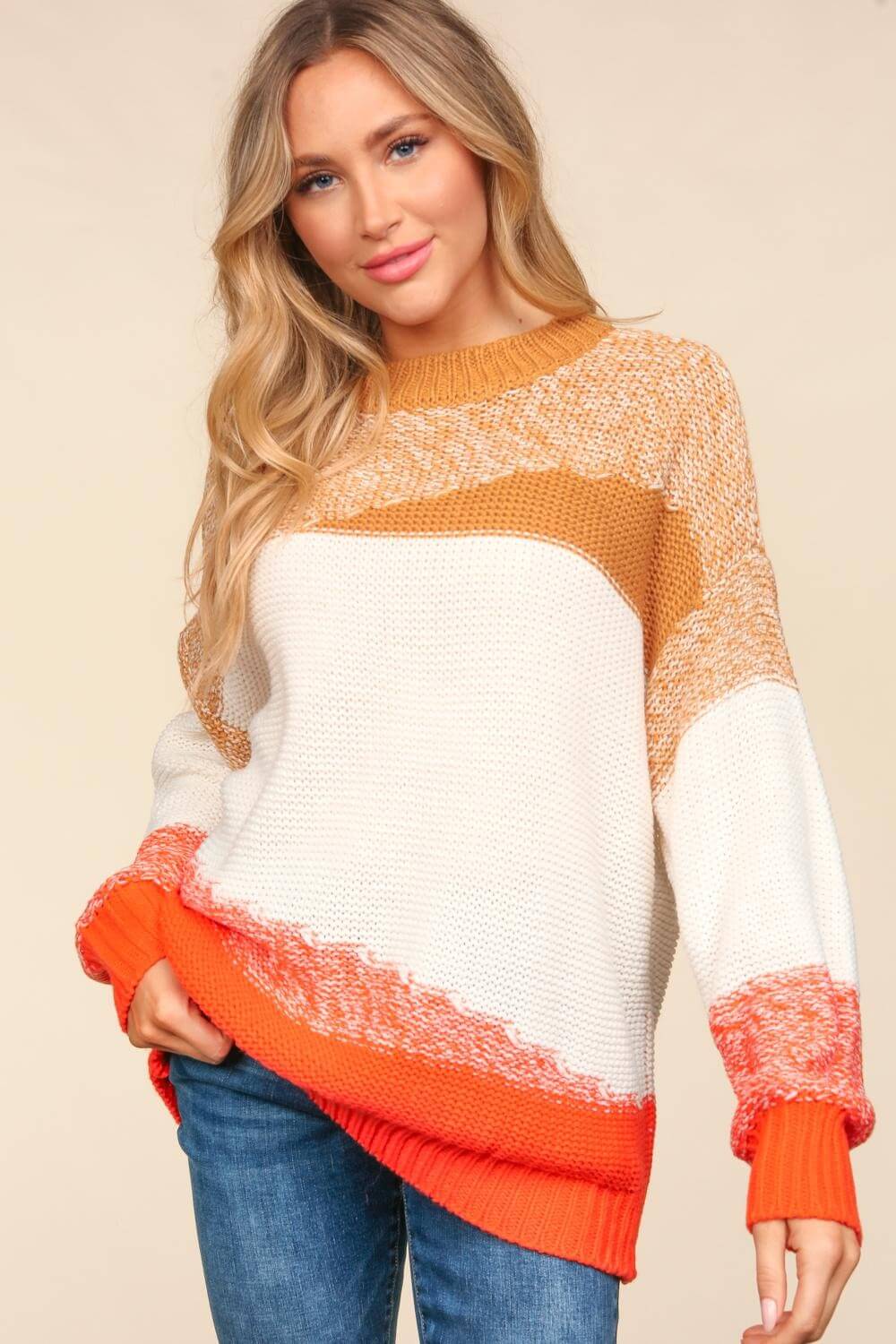 Haptics Color Block Long Sleeve Sweater Camel Ivory Orange