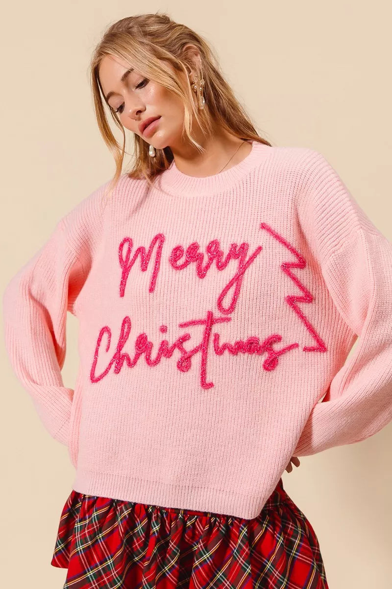 SO ME Merry Christmas Tinsel Lettering Sweater BLUSH PINK