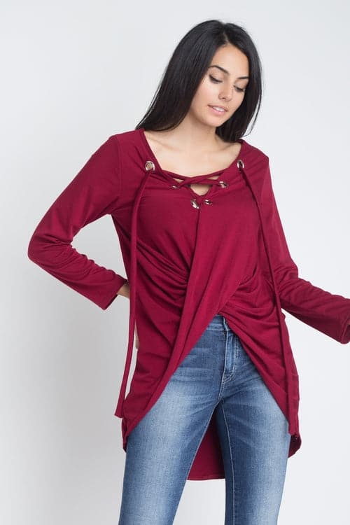 Women's Lace Up Wrap Long Sleeve Top Burgundy