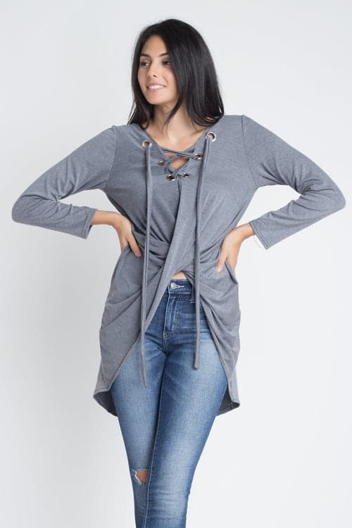 Women's Lace Up Wrap Long Sleeve Top Grey