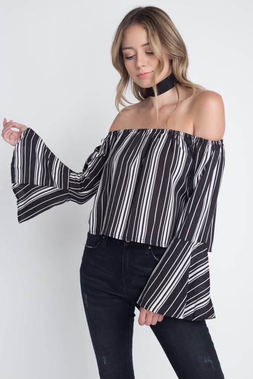 Women's Off Shoulder Casual Stripe Bell Sleeve Top Black