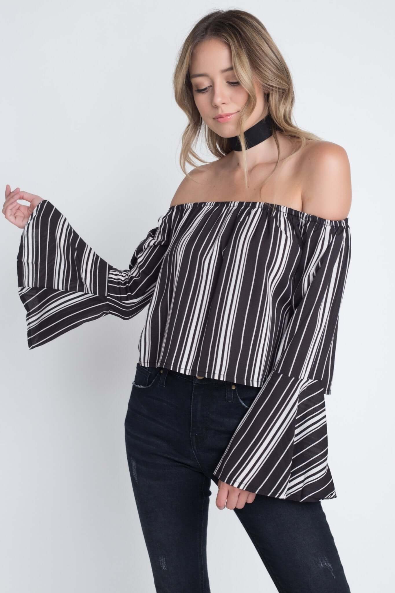 Women's Off Shoulder Casual Stripe Bell Sleeve Top