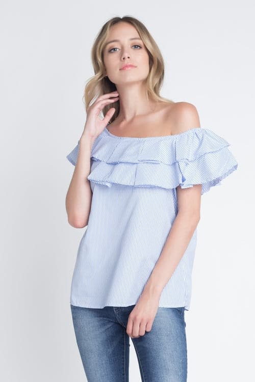 Women's Striped Off Shoulder Ruffle Stripe Blouse White Blue