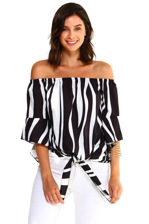 Women's Strapless Striped Bandage Blouse Black