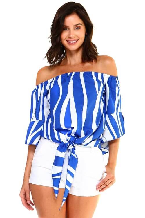 Women's Strapless Striped Bandage Blouse Blue