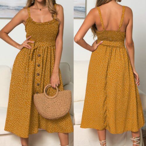 Women Spaghetti Straps Polka Dot Maxi Dress Yellow