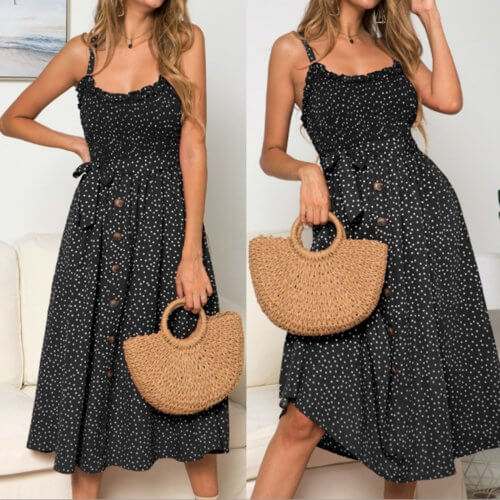 Women Spaghetti Straps Polka Dot Maxi Dress Black