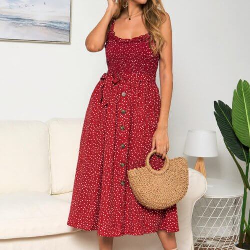 Women Spaghetti Straps Polka Dot Maxi Dress Red