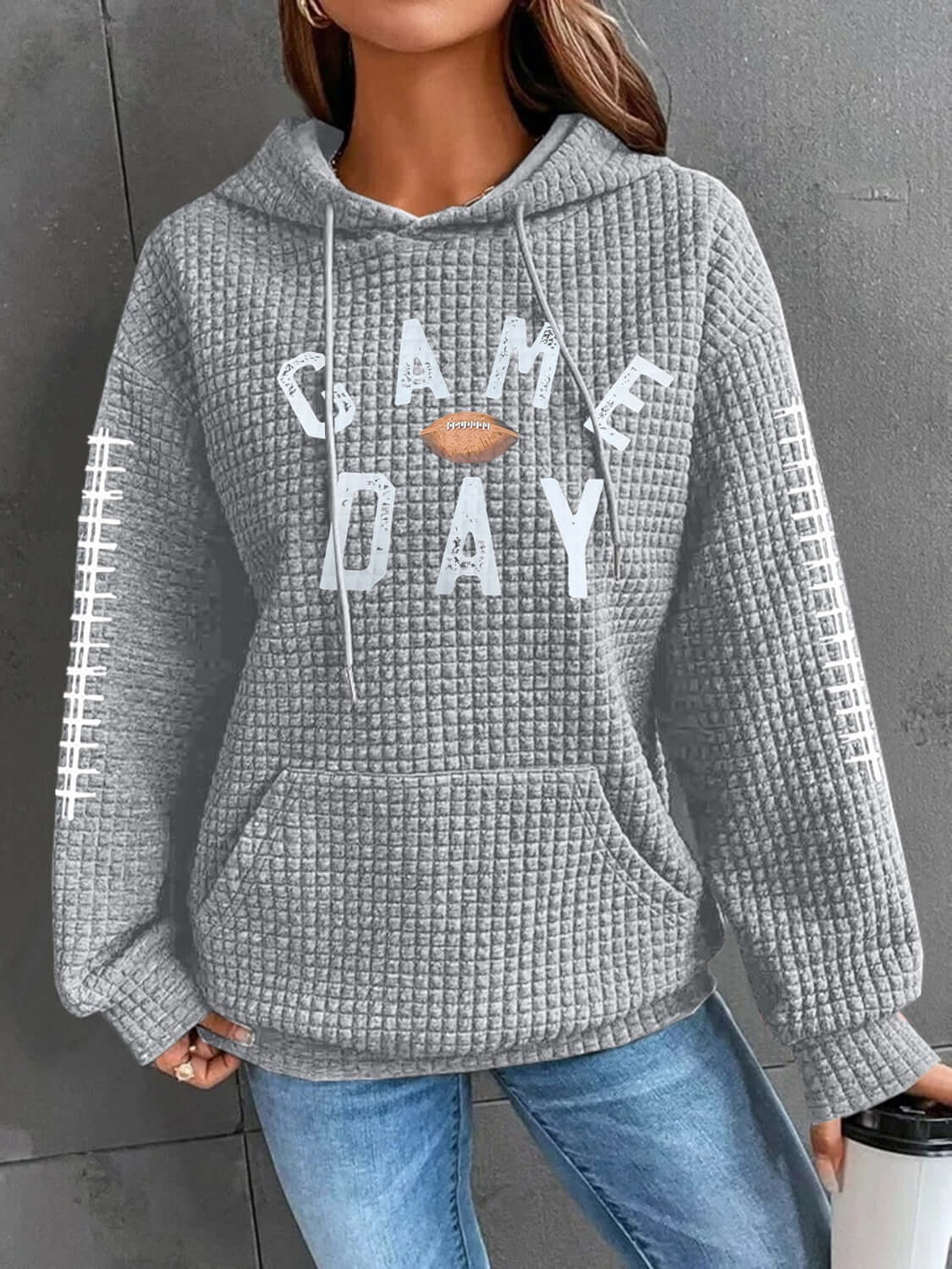 GAME DAY Football Drawstring Long Sleeve Hoodie Gray