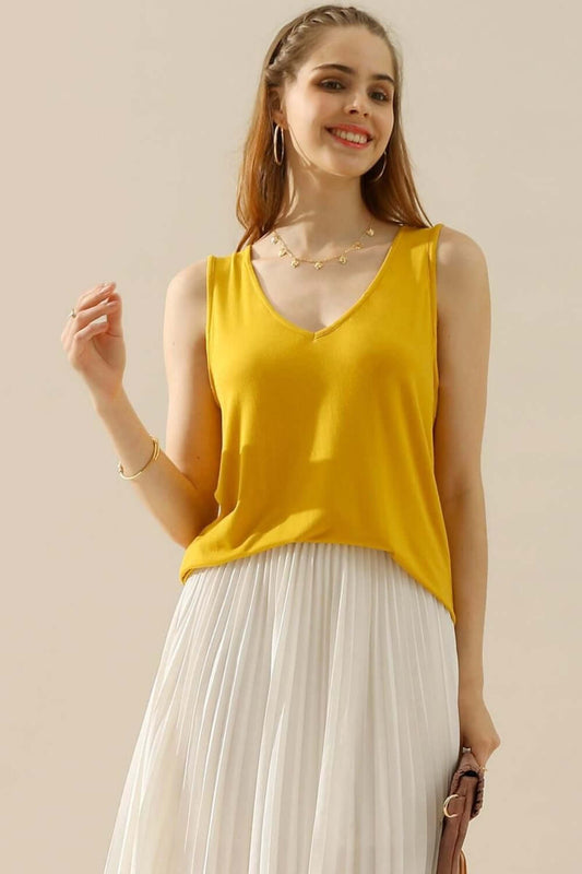 Ninexis Full Size V-Neck Curved Hem Tank MUSTARD