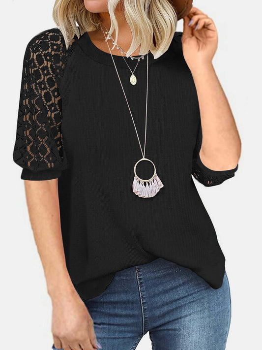 Lace Detail Round Neck Half Sleeve T-Shirt Black