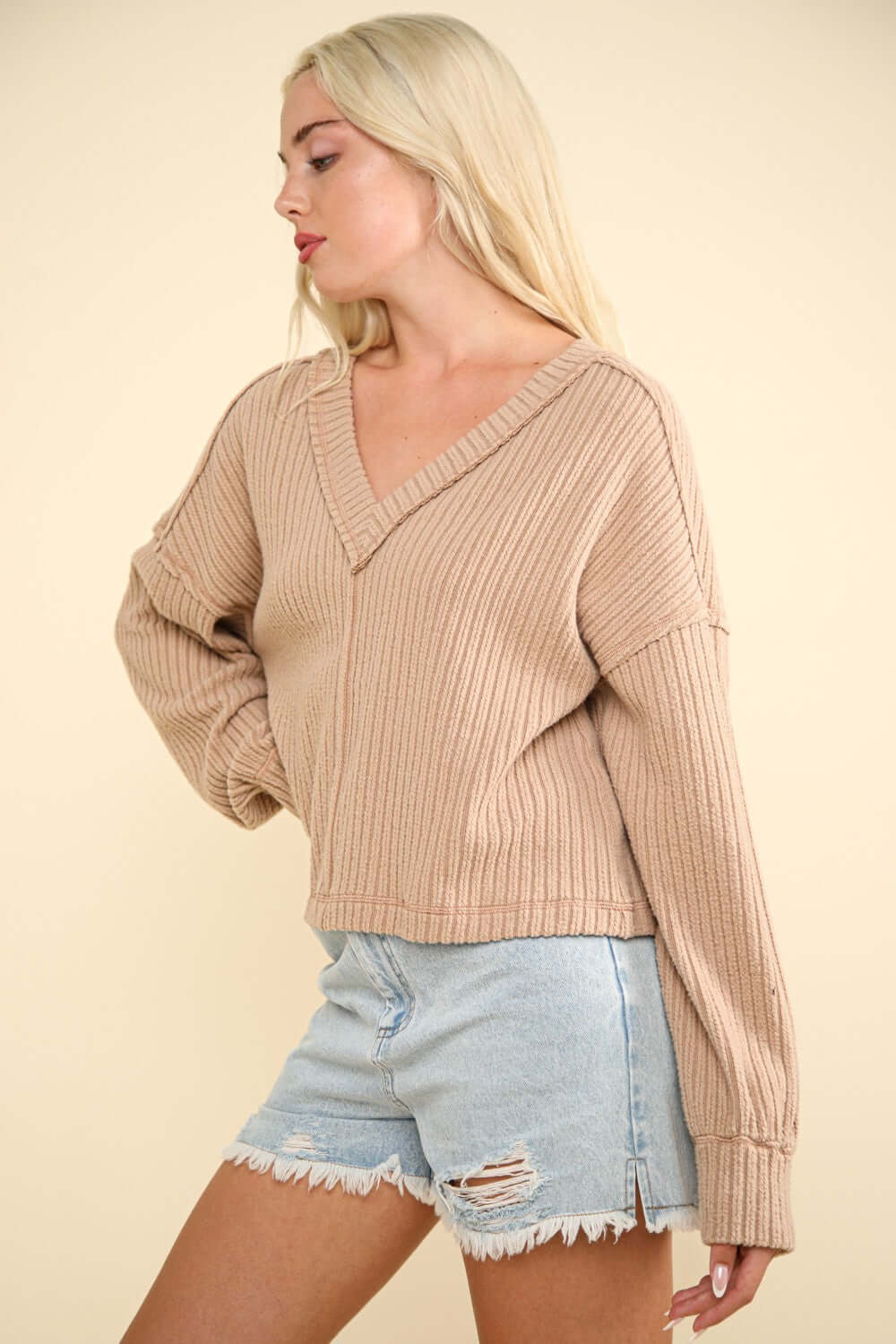 Shop Very J Exposed Seam V-Neck Ribbed Knit Top at Ferris Deals