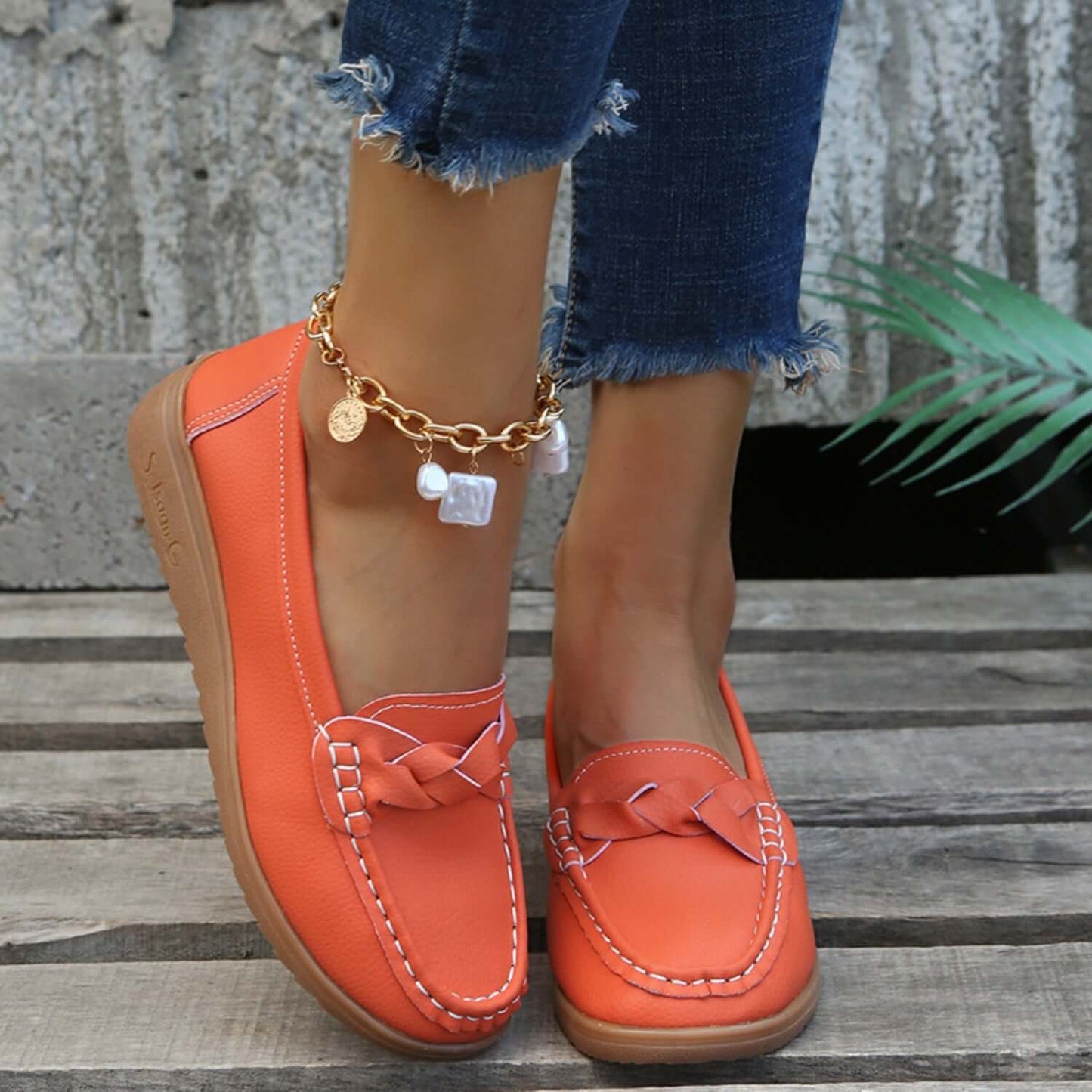 Weave Wedge Heeled Loafers Orange-Red