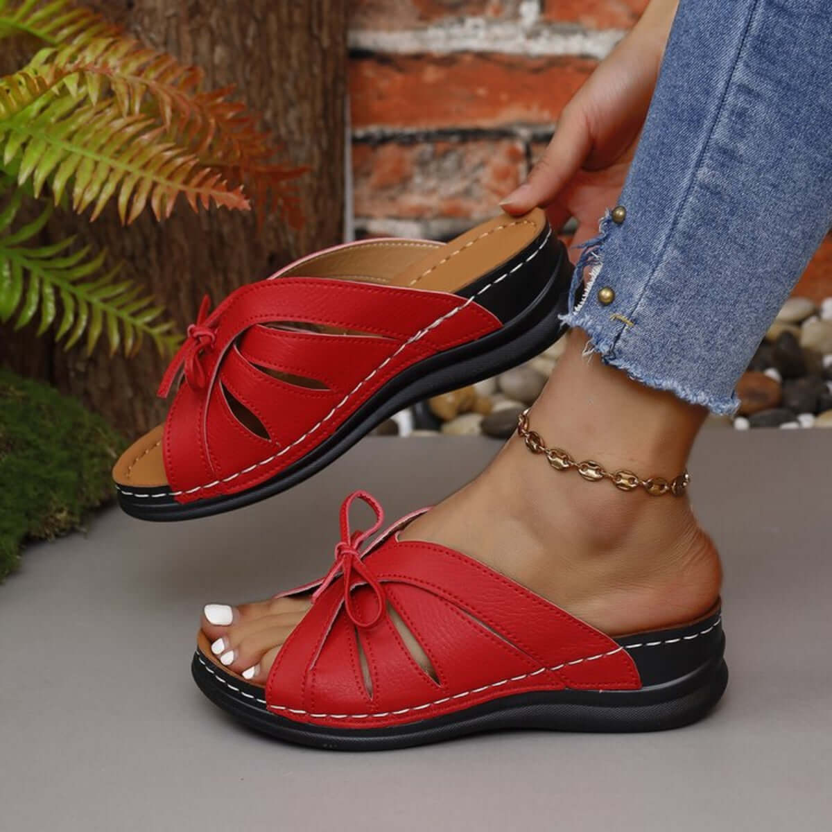 Tied Open Toe Low Heel Sandals Deep Red