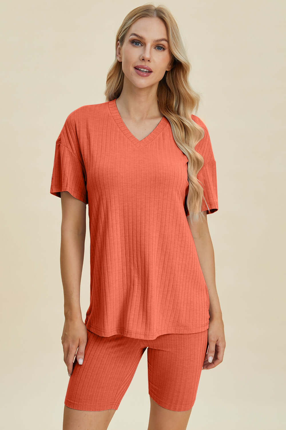 Stylish Ribbed V-Neck Top & Shorts Set for Everyday Wear Coral