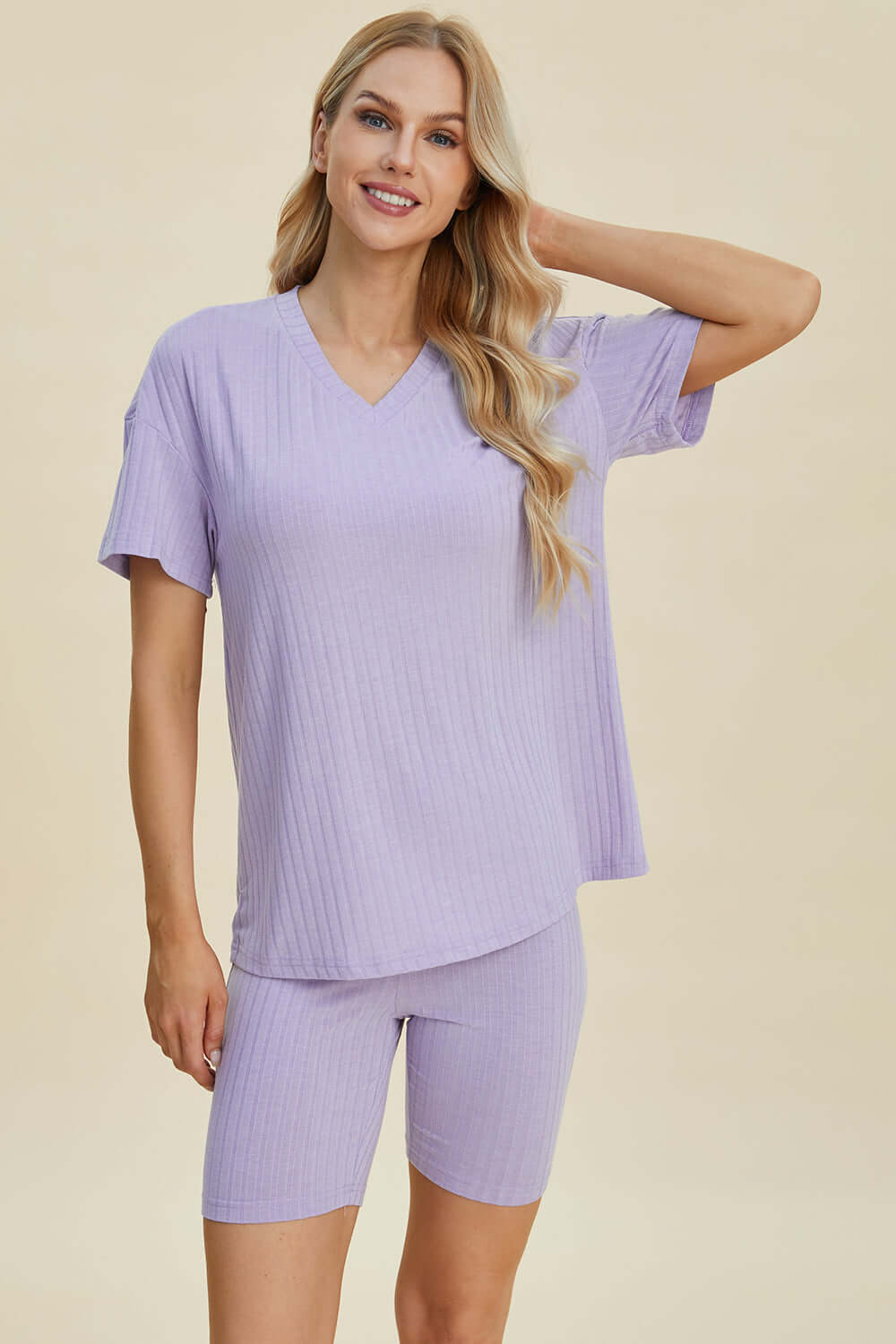 Stylish Ribbed V-Neck Top & Shorts Set for Everyday Wear