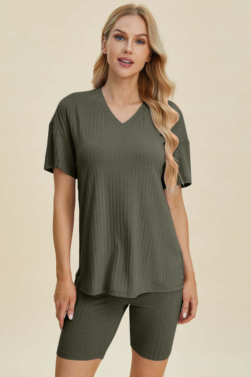 Stylish Ribbed V-Neck Top & Shorts Set for Everyday Wear Moss