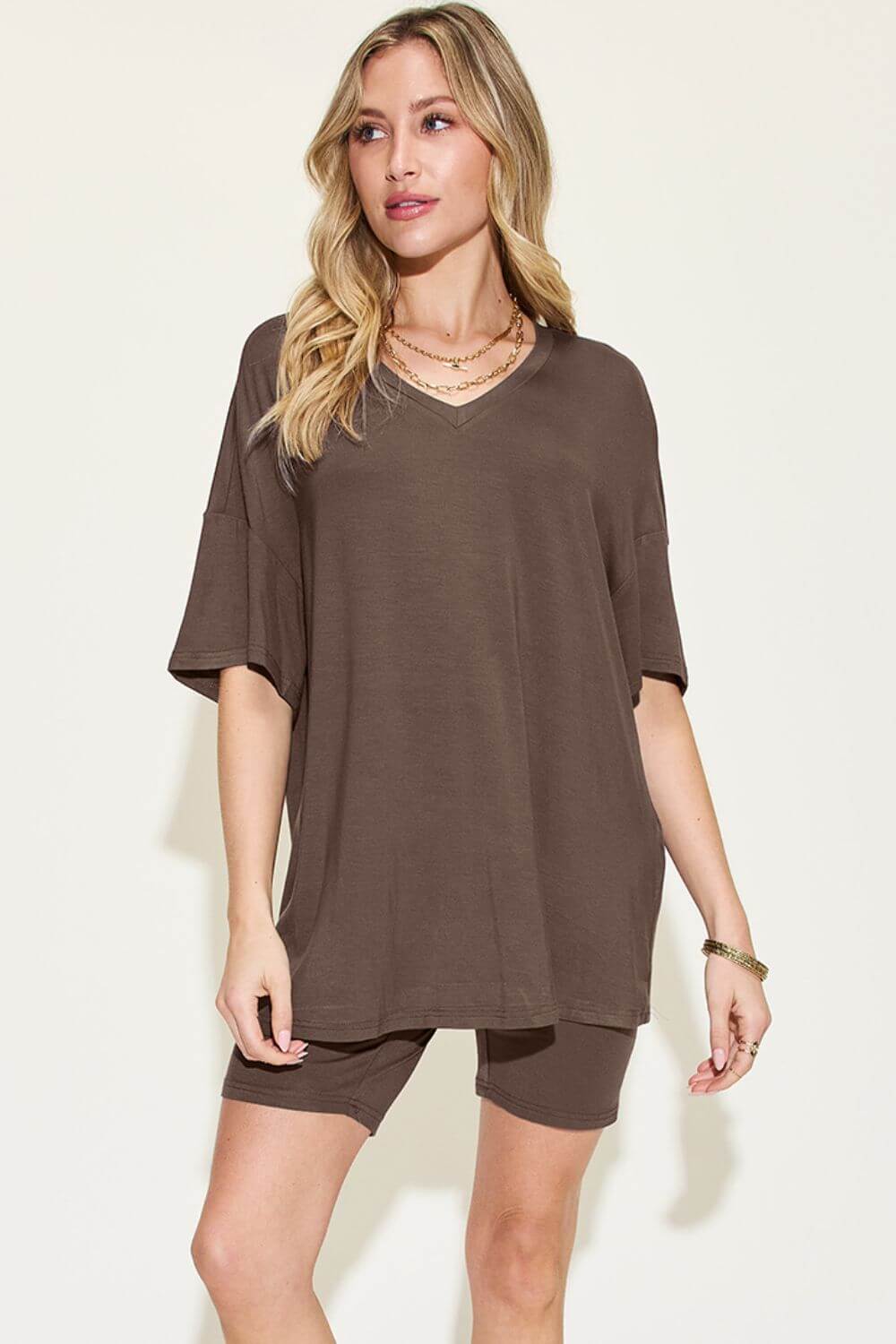 Full Size V-Neck Drop Shoulder T-Shirt and Shorts Set Chocolate